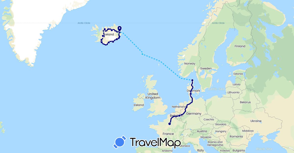TravelMap itinerary: driving, boat in Belgium, Denmark, Faroe Islands, France, Iceland (Europe)